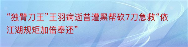 “独臂刀王”王羽病逝昔遭黑帮砍7刀急救“依江湖规矩加倍奉还”