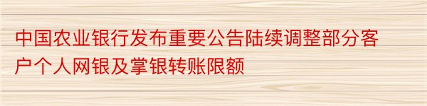 中国农业银行发布重要公告陆续调整部分客户个人网银及掌银转账限额