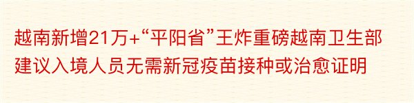 越南新增21万+“平阳省”王炸重磅越南卫生部建议入境人员无需新冠疫苗接种或治愈证明